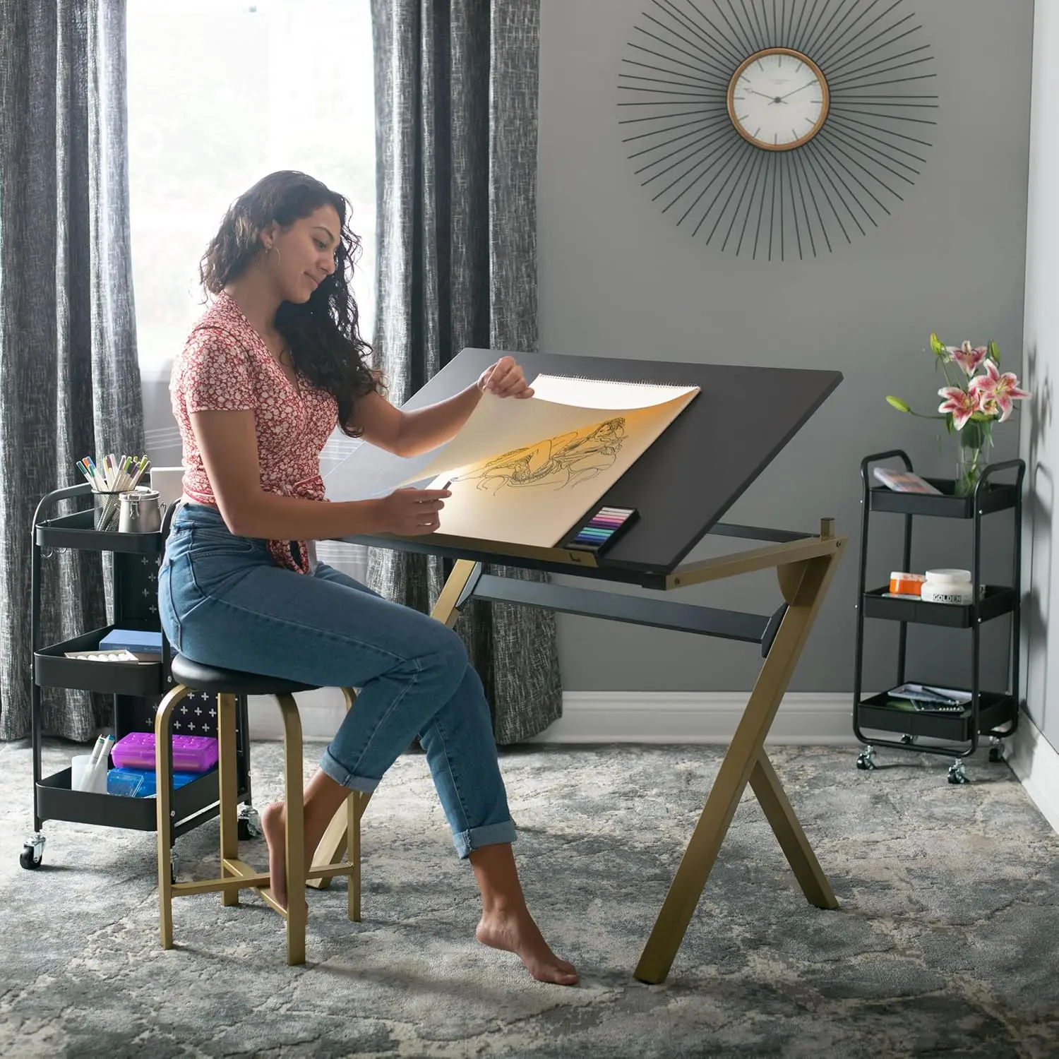 Stellar 36"" Wide Craft/Drawing Table With Adjustable Top And Padded Stool Set, Gold/Black