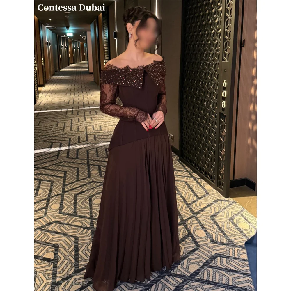 

Contessa Custom Brown Off‑Shoulder Evening Dress BeadedElegant Prom Dresses Pleated Vestidos De Noche Chiffon Formal Evening