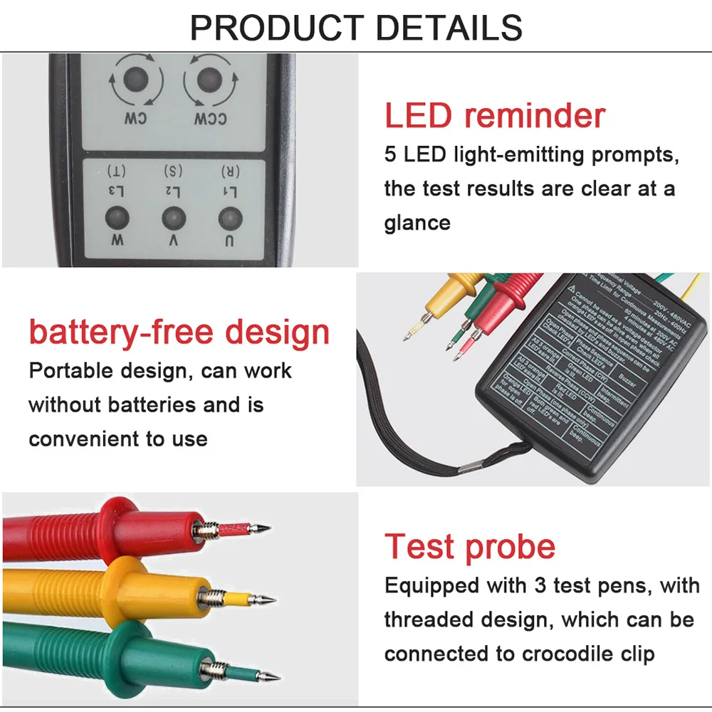 SP8030 3 Phase Rotation Tester Digital Phase Indicator Detector LED Buzzer Phase Sequence Meter Voltage Tester 60V-600V AC