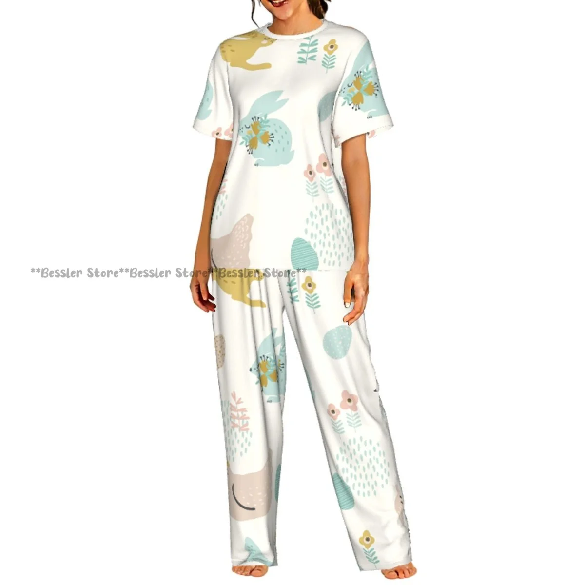 

Женские комфортные пижамы с изображением кроликов и цыплят на Пасху, комплект с короткими рукавами, одежда для сна