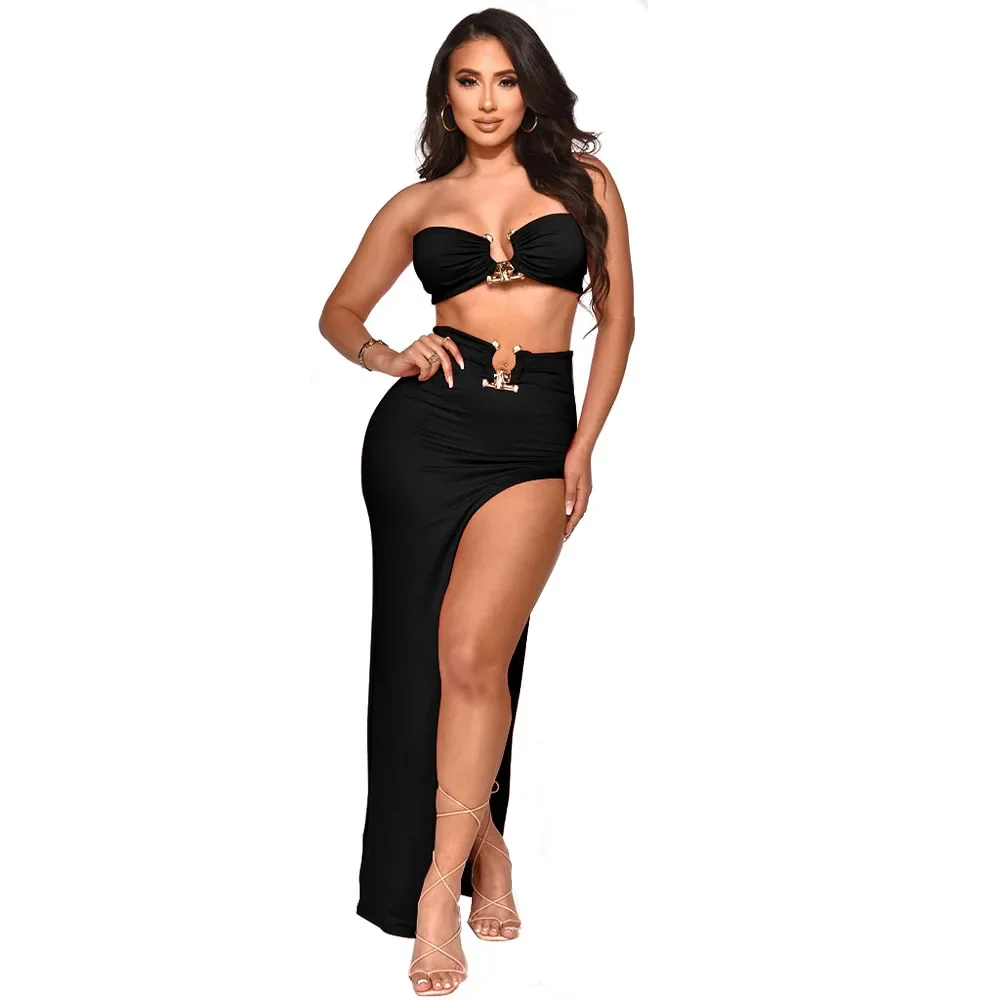 Foamlina Women Fashion Summer Clothing Sets 2023 Sexy Two Piece Set Strapless Crop Top Elastic Waist High Split Long Skirt Suits