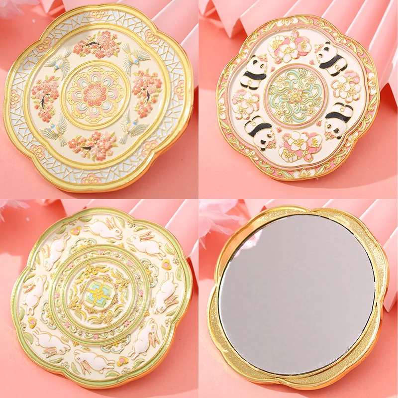 

Chinese Style Relief Makeup Mirror Single Side Pocket Mirror Narcissus Koi Jade Rabbit Gift Magpie Panda Floral Pattern Portable