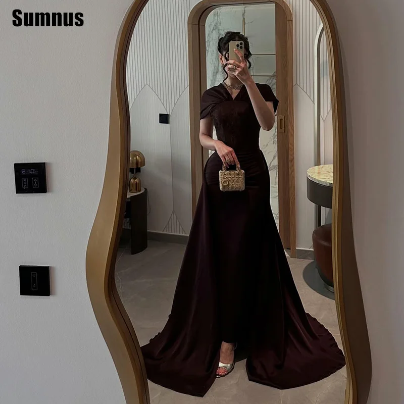 

Sumnus Elegant Mermaid Prom Dresses V-Neck Short Sleeves Ankle Length Evening Dress With Train فساتين سهرة Customized