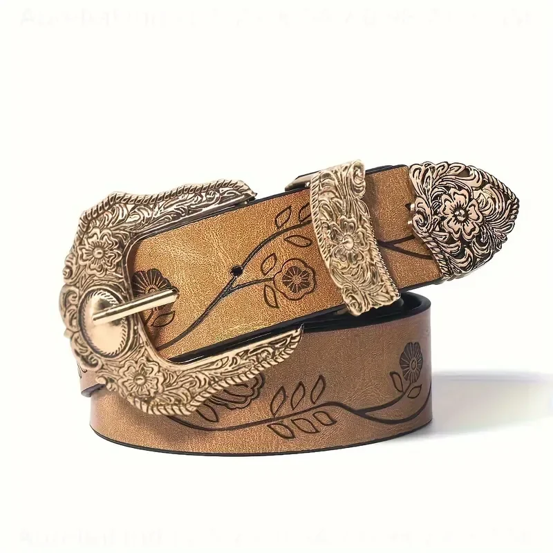 1.5 Inch Wide Women Vintage Bohemian Belt Floral Leaf Embossed Alloy Buckle Adjustable Perforated Waist Belt Retro Decorative Strap For Dresses Jeans Daily Outfit
