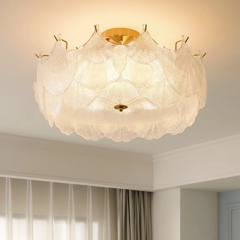 French Style Light Luxury Master Bedroom Lamp With Cream Wind Ginkgo Leaf Glass Modern Minimalist Room Full Spectrum Ceiling L