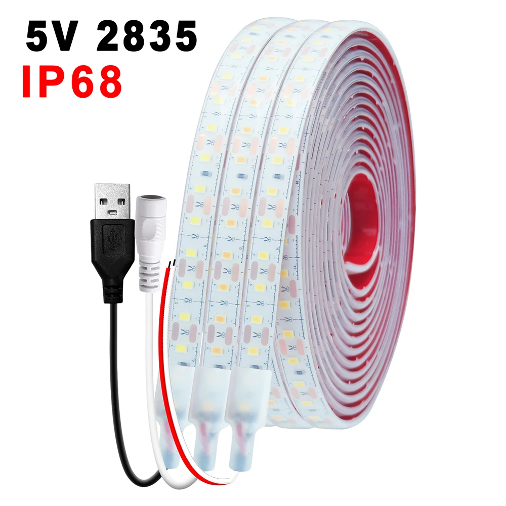 IP68 Waterproof 2835 LED Strip Light DC 5V Lights Tape with USB Plug/2pin Wire Warm White 0.5m 1m 2m 3m 4m 5m Lighting