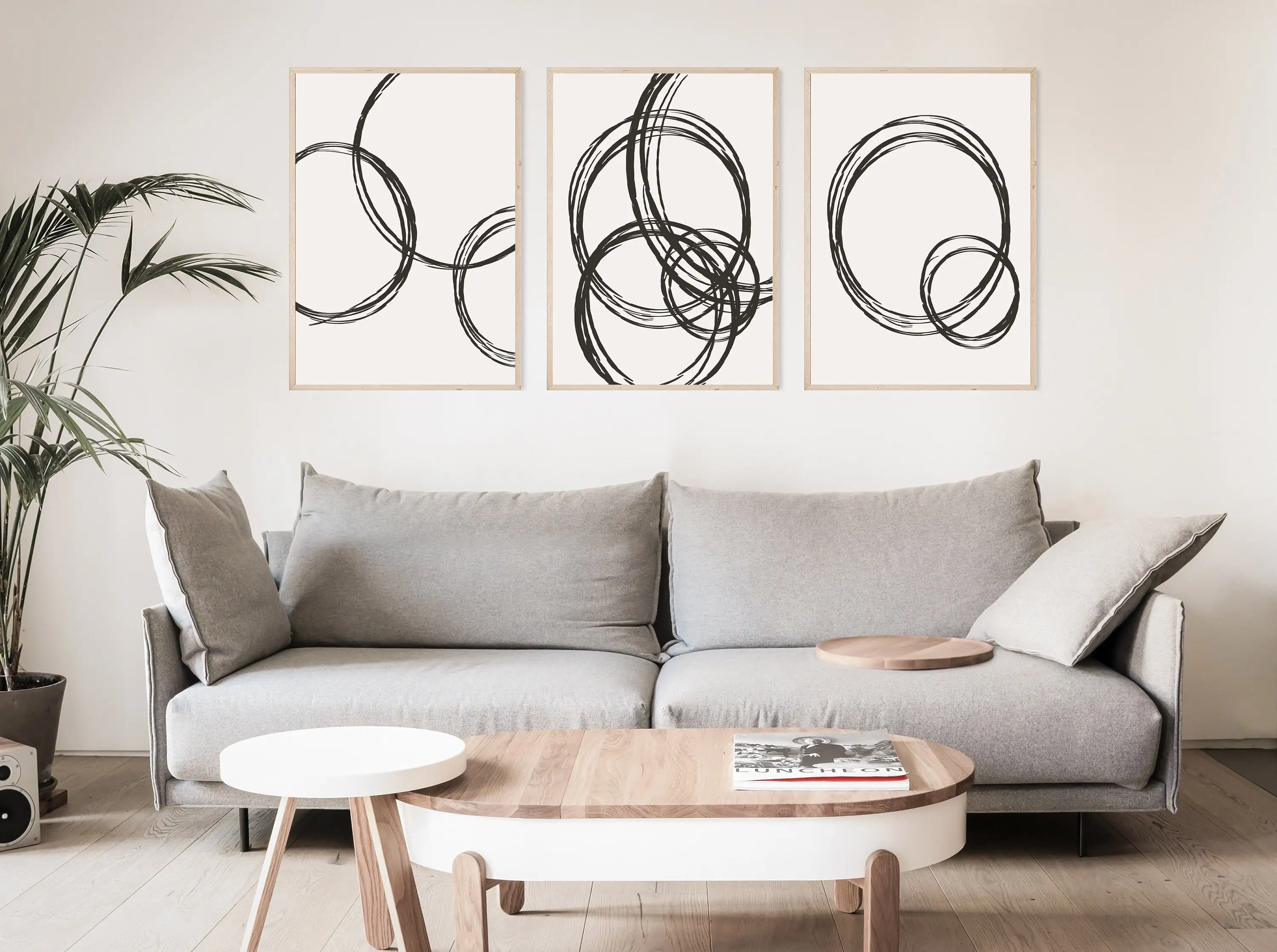 3pcs frameless Canvas Painting 3 Pcs Abstract Circle Line Art Prints, Black Beige Minimal Contemporary Wall Art, Gallery Poster