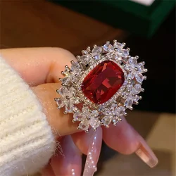 Created Ruby Rings For Women Big Gemstone Deep Red White Gold Plated Adjustable Size Fine Jewelry Luxury Party Accessories