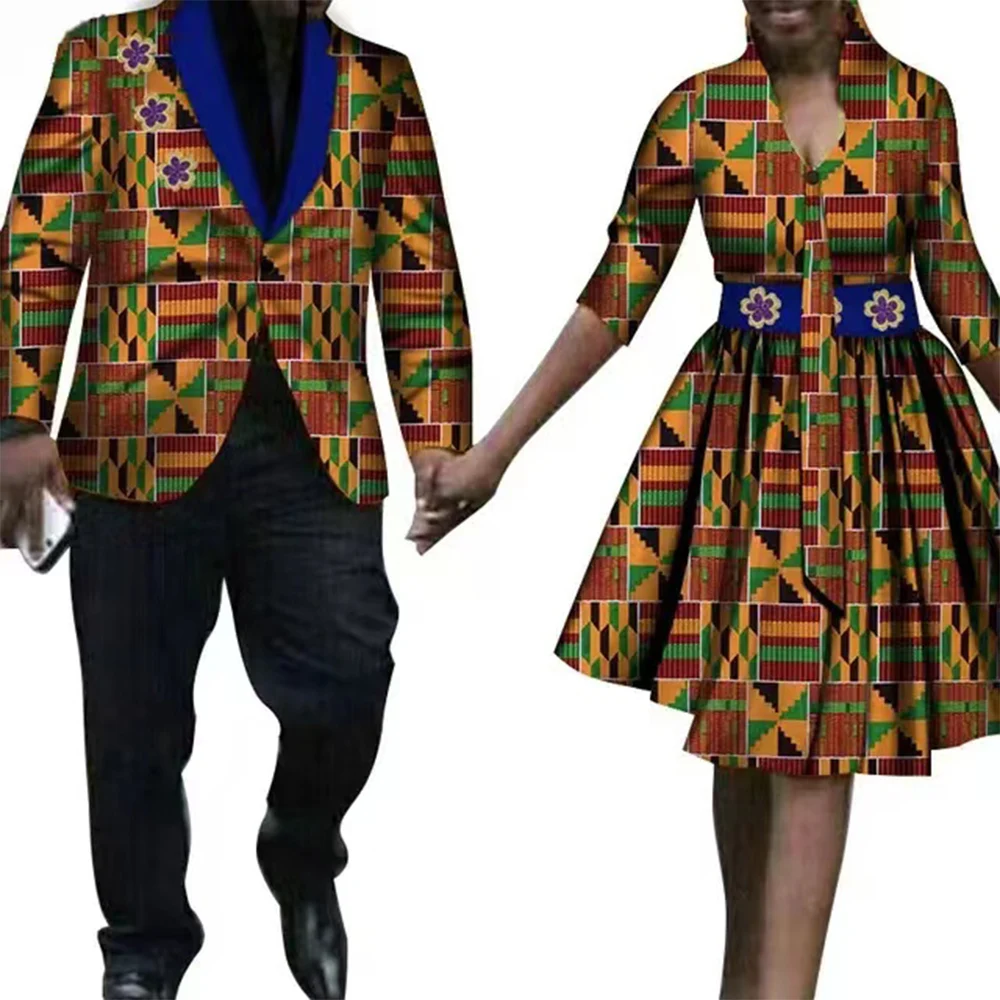 Traditional Dashiki Sexy African Print Hip Dresses for Women Matching Men Blazer Top Jacket Couples Clothes Kaftan Outwear