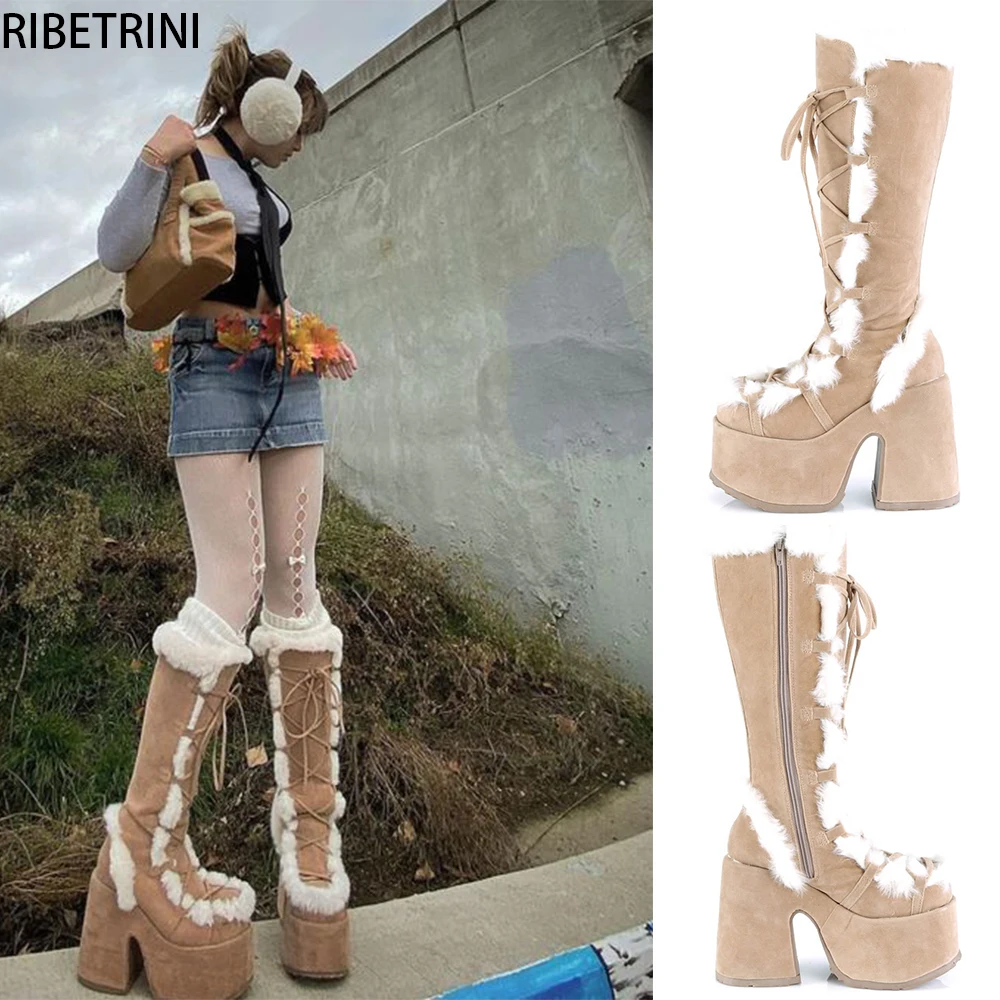 RIBETRINI Brand Designer Fur Gothic Chunky Block Heel Women Boots High Heel Platform Cosplay Casaul Party Warm Boots Shoes Women