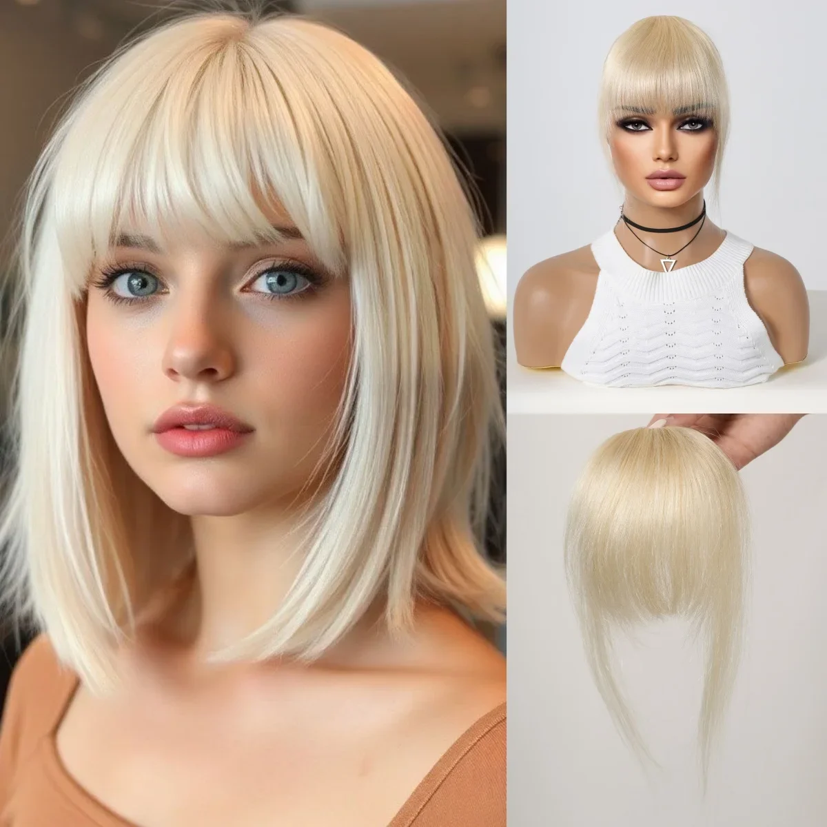 

100% Real Human Hair Blonde Clip in Bangs Natural Color Fringe with Temple Hair Pieces for Women Easy Wear Clip in Bangs