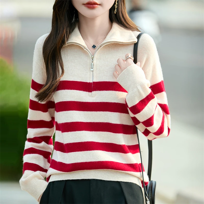 

Осенне-зимний шерстяной свитер на молнии с высоким воротником, классический полосатый теплый пуловер, женский свободный кашемировый вязаный базовый слой с полуоткрытой шеей