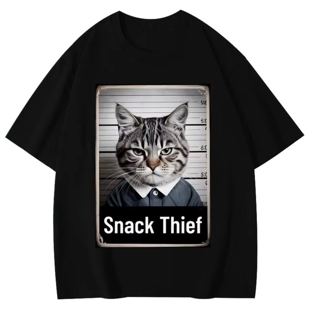 

Fashion Cartoon Short Sleeve T-shirt Summer High Quality Cotton T-shirts Snack Thief Funny Cat Meme Graphic T Shirts Men's Women