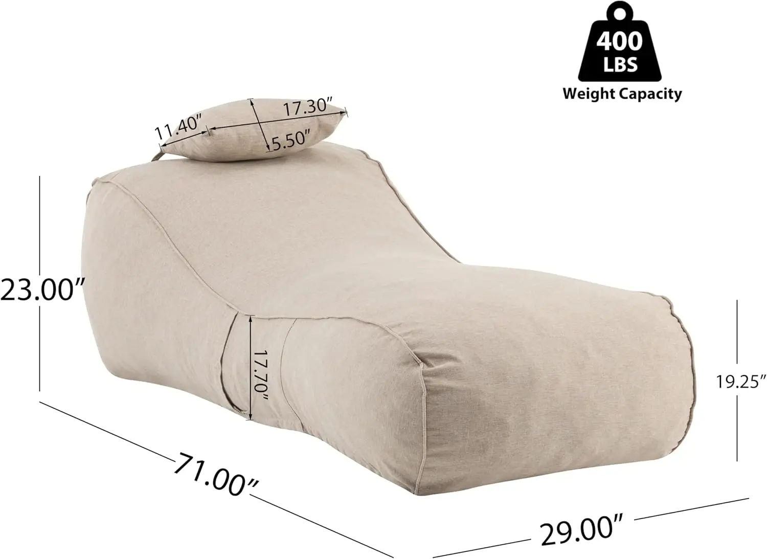 Morton Bean Bag Chair, Fabric Lounger for Adults and Kids, Comfy Reading Chair, Lounge Sofa with Headrest, Indoor/Outdoor Spaces Memory Foam Bean Bag, Dark Beige