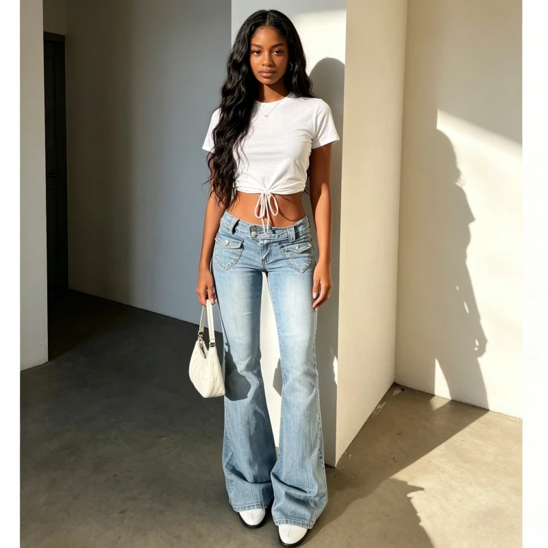 Women Flare Jeans Denim Pant Vintage Washed Two Buttons Low Waist Straight Trousers Y2k Streetwear Work Slim Fit Splice Summer