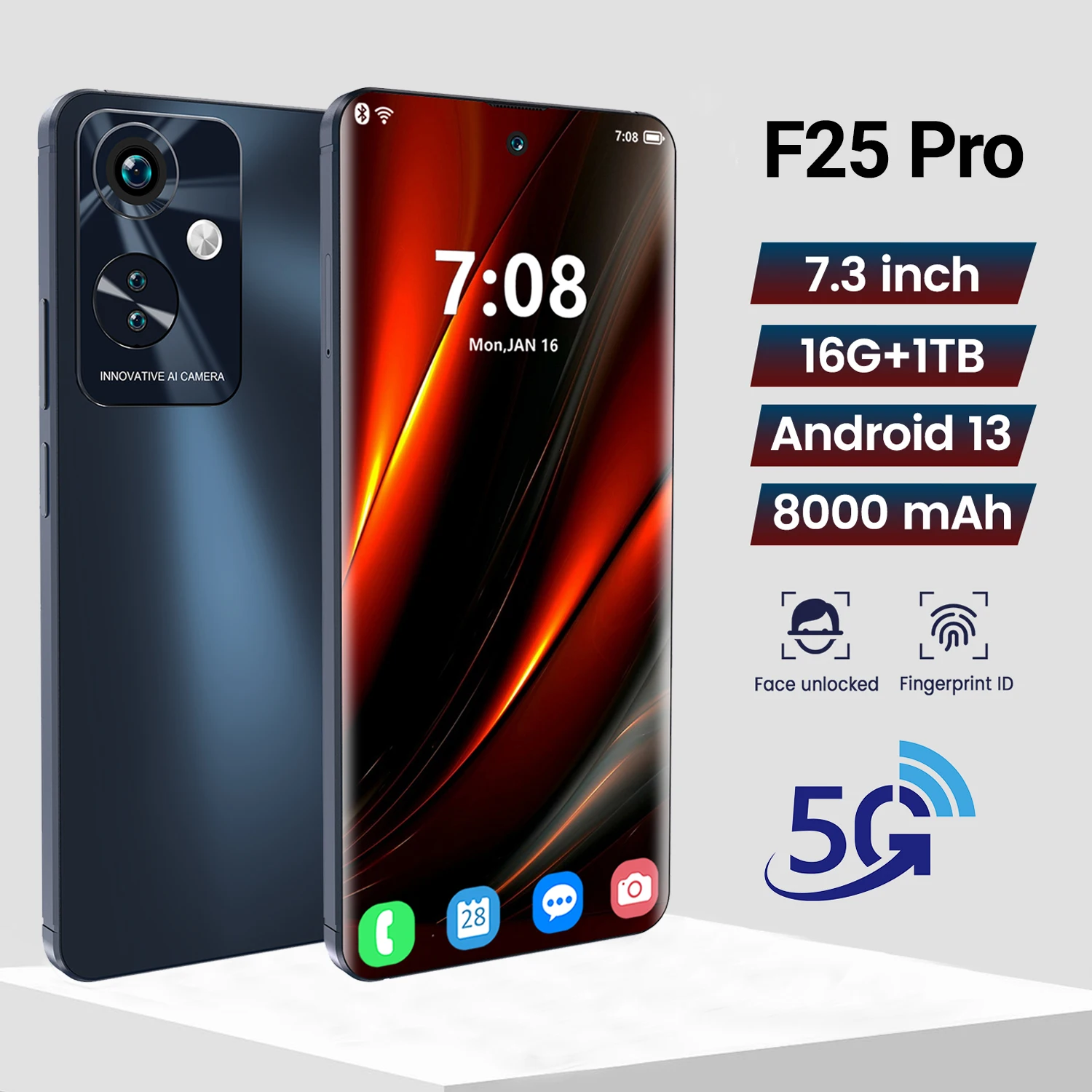 2024 5G SmartPhone F25 Pro 16GB+1TB Unlocked Original Cell Phone 8000mAh Dual Sim Card 7.3 Inch 64MP+100MP Android Mobile Phones