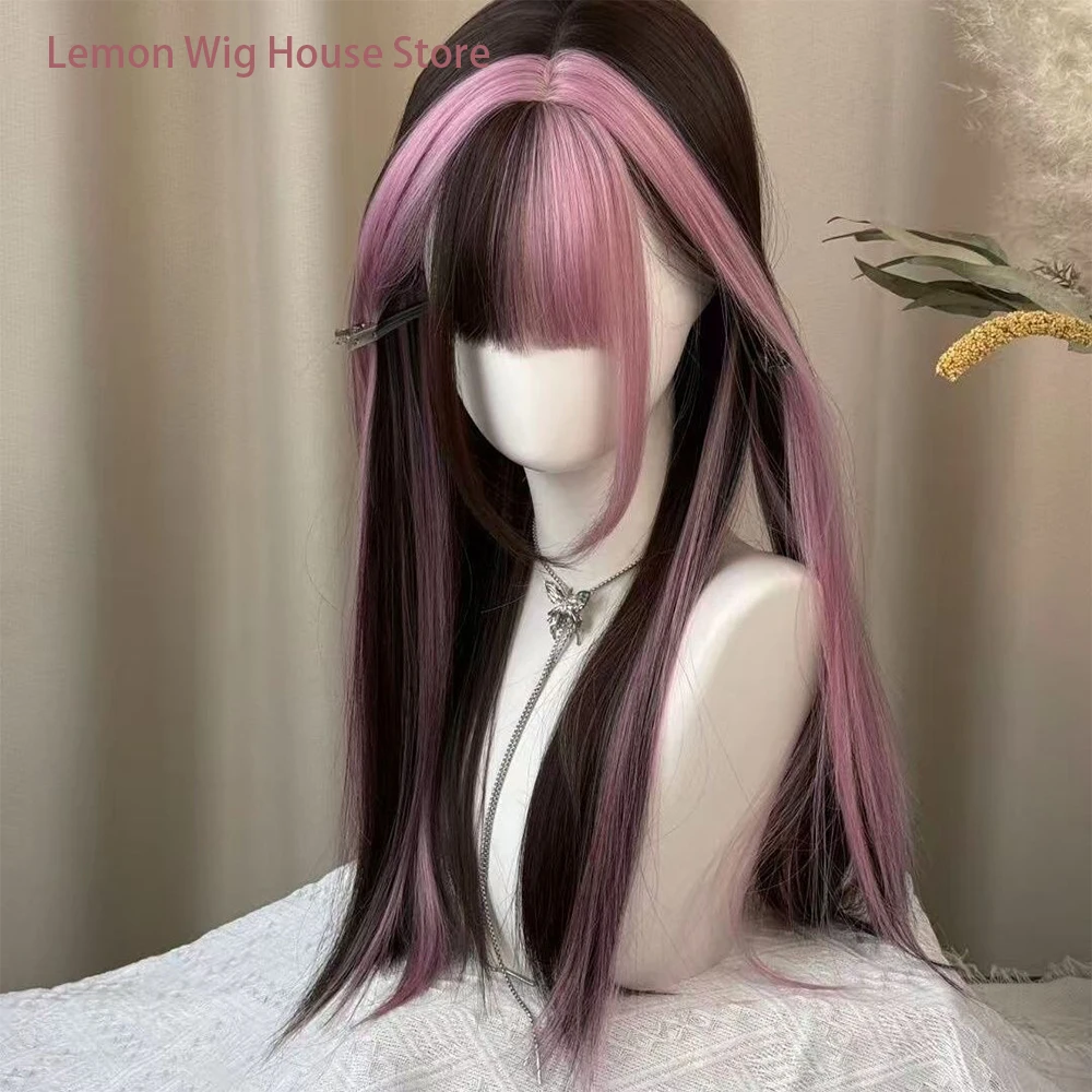 Picture 4: Black Ombre Pink Lolita Wig with Bangs Synthetic Straight Hair Natural Layered Wigs for Women Daily Cosplay Wig Heat Resistant