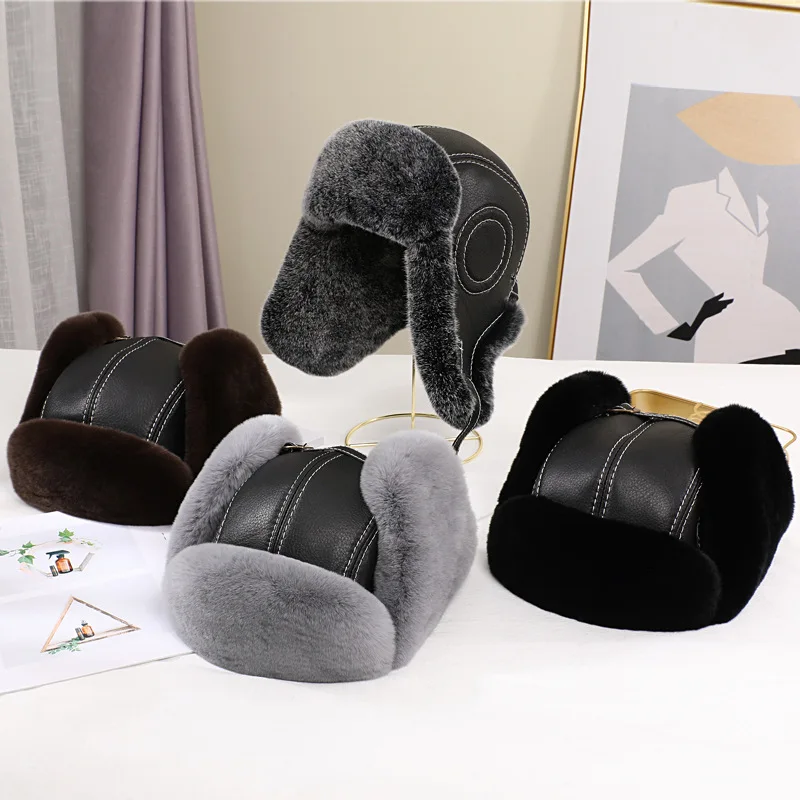 2024 Fashion Men\'s 100% Natural Rex Rabbit Fur Bomber Hats Winter Russian Man Warm Real Sheepskin Leather Hat Male Real Fur Caps