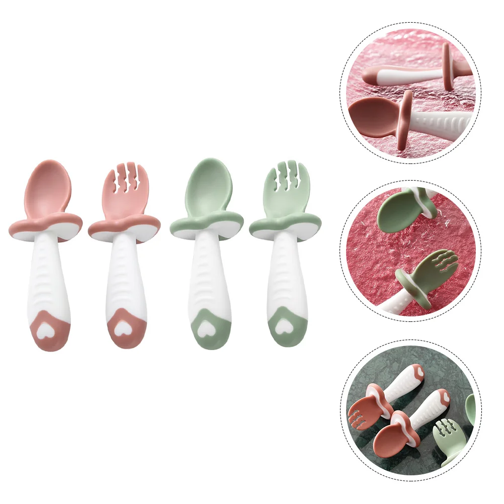 1 مجموعة الطفل ملعقة سيليكون شوكة أدوات المائدة التدريب المرنة العملي صديقة للبيئة أداة التغذية ملعقة سيليكون وشوكة #5