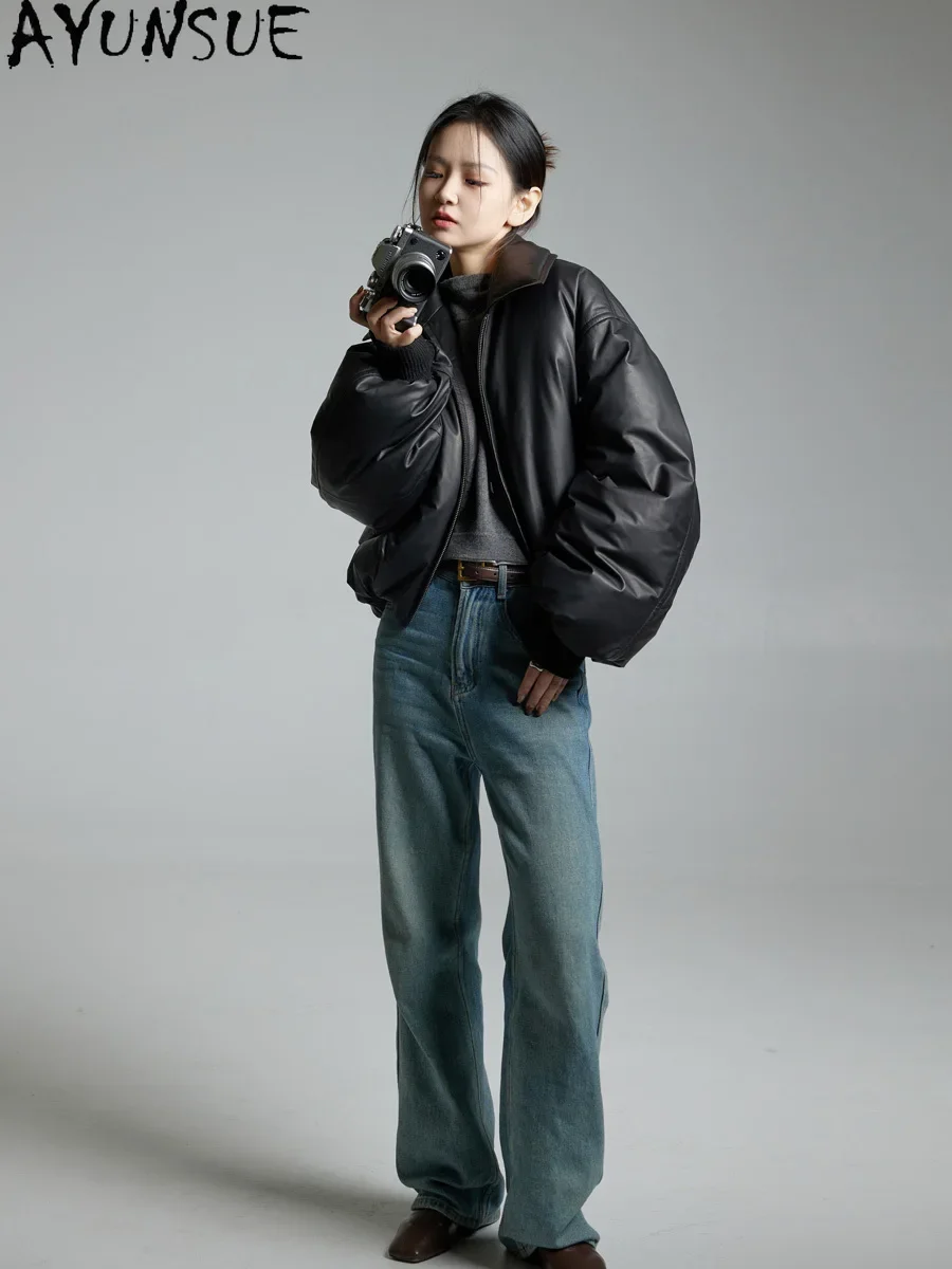 AYUNSUE Kurtka damska z prawdziwej skóry owczej, odzież zimowa, 90% białego puchu gęsiego, płaszcze damskie w stylu vintage, Jaqueta De Couro