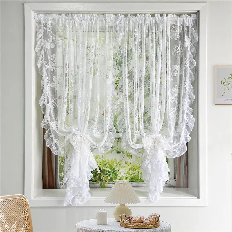 

Korean Romantic Butterfly Flower Tulle Curtain White Transparent Lace Cafe Curtain For Kitchen Door Homestay Farmhouse Decor