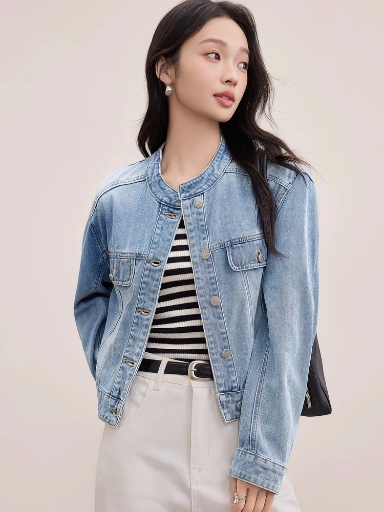 SENTUBILA Cotton Denim Jacket Women's 2025 Autumn Stand-collar Loose Long-sleeve Short Jacket Dropped-shoulder Tops W53WD3020