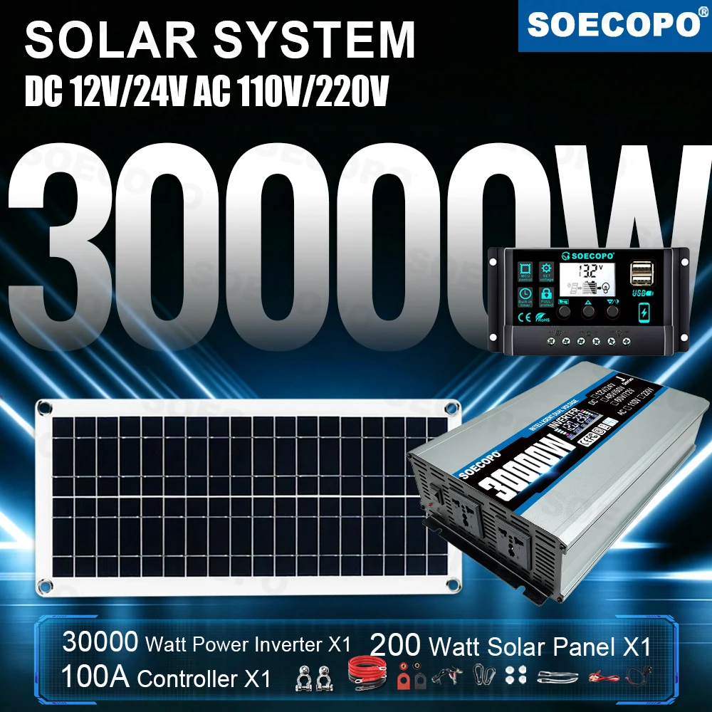 High Efficiency Intelligent 30000W Peak Solar System Kit 200W Panel 100A Controller 110V 220V Inverter Generator for Garden Use