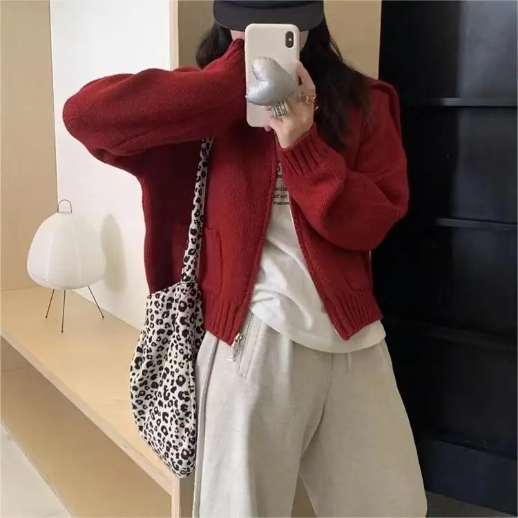 Sweaters for Women Double Zip Knit Cardigan Autumn/Winter Turn Down Collar Long Sleeve Short Knitted Sweaters Cropped Cardigan