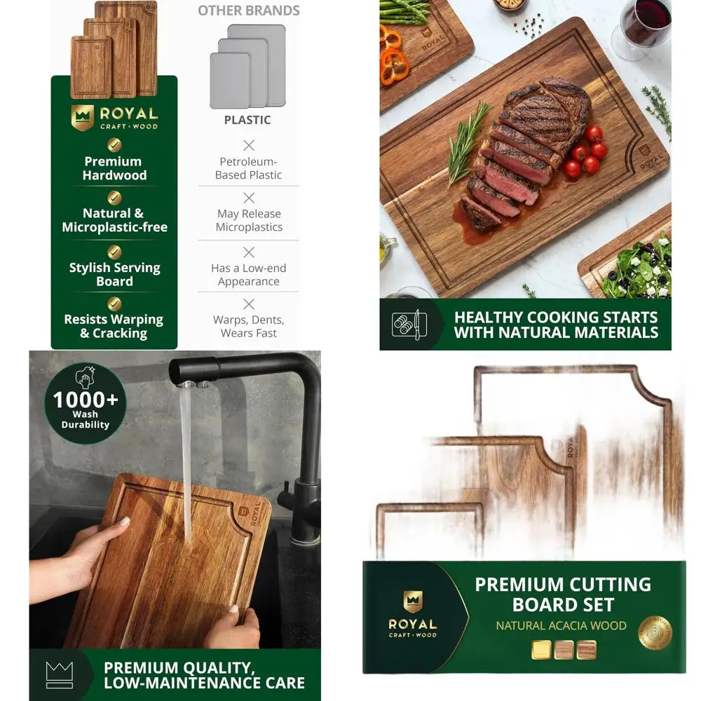 

Набор из 3 разделочных досок из акации - высококачественные кухонные доски для подготовки и подачи продуктов с глубоким желобком для сока и боковыми ручками