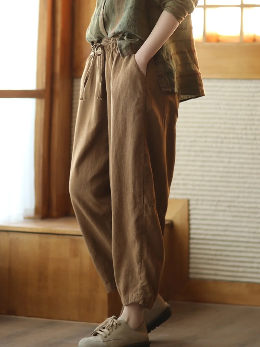 

Slimming Effect Waed Linen Harem Pants Women's Belted Elastic Waist Casual Pants Artistic Loose Linen Pants Commute Sle