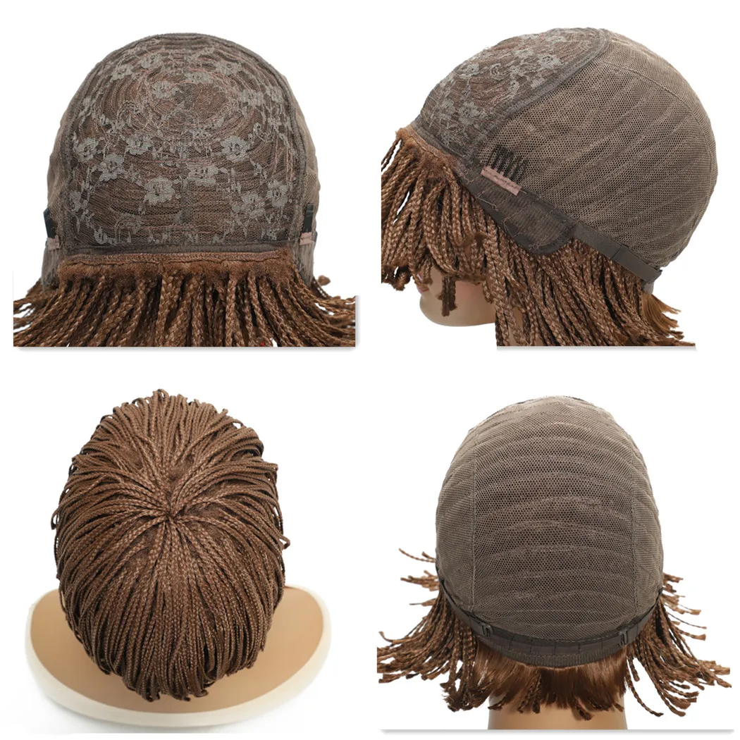 باروكة صناعية مجدولة مع غرة، باروكات قصيرة للنساء، لون أسود وبني للاستخدام اليومي، شعر صناعي من الألياف ذات درجة الحرارة العالية