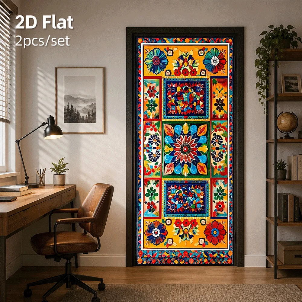 1 piece of Chinese ethnic style floral door sticker waterproof self-adhesive removable colored patterned wall sticker 2D flat