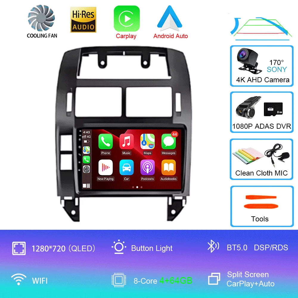 Auto radio Android 16 multimediaspeler GPS Carplay QLED scherm stereo voor Volkswagen VW Polo MK4 6Q 9N 9N3 2004-2009 - afbeelding 1