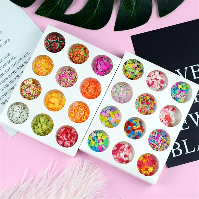 12 Holes Slime Soft Pottery Fruit Slice Pearl Sequin Sprinkles Filler Children Toys Modeling Clay DIY Accessories Nail Art Tips