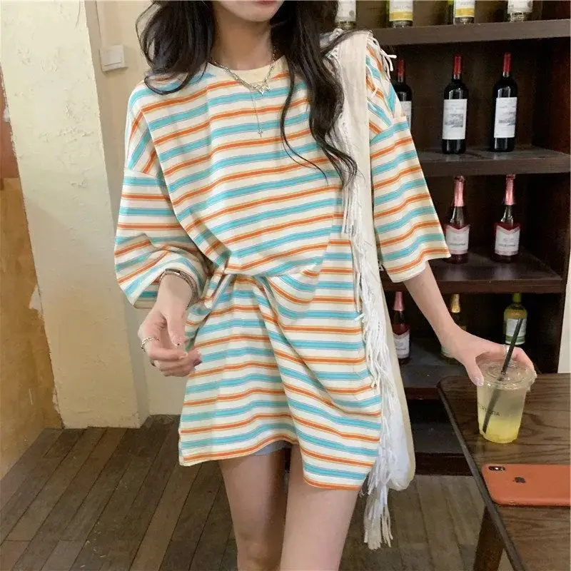 

Women's Clothing Short Sleeve Stripe T-Shirt Summer Korean Style Comfortable Hong Kong Style Loose Fit Slimming Casual Top