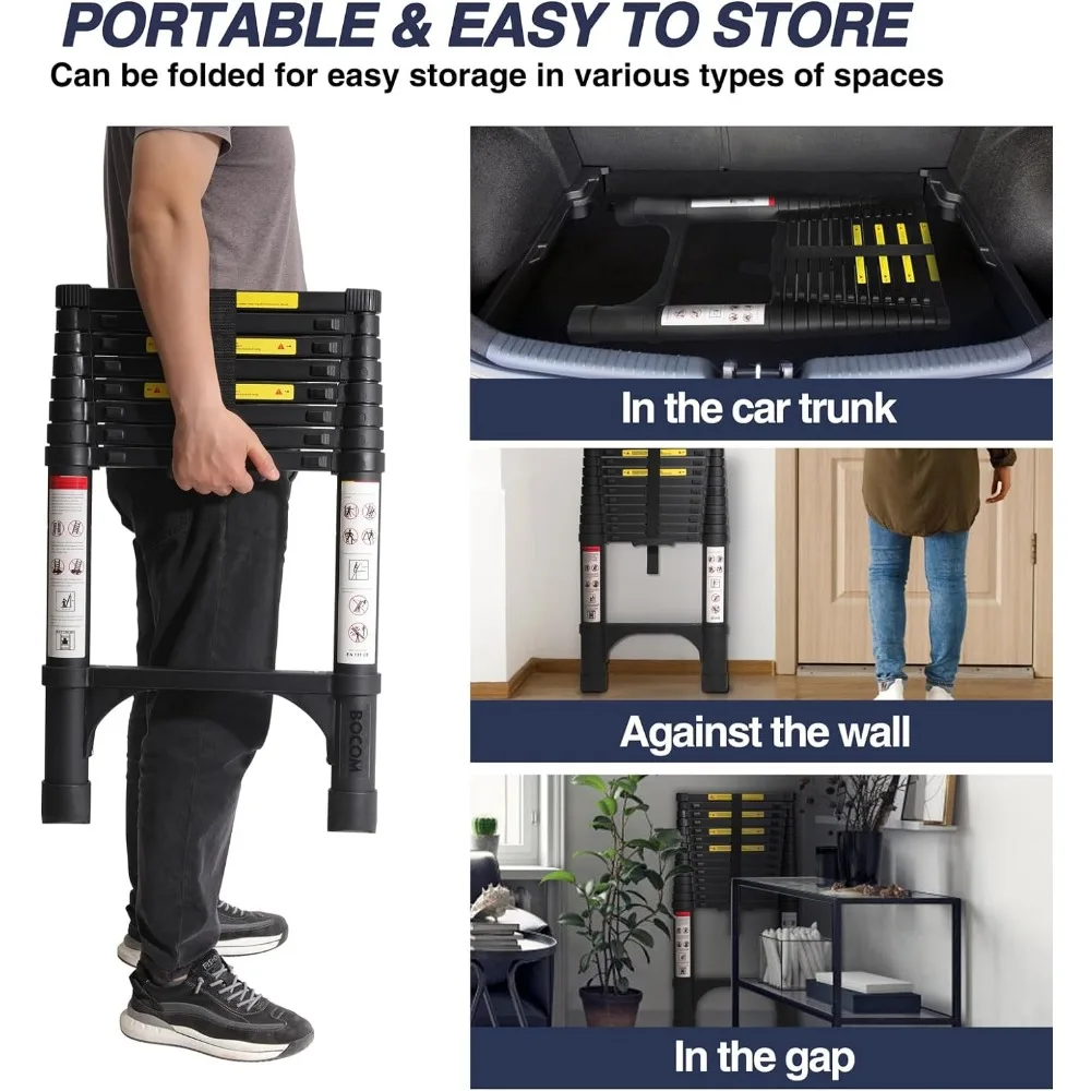 8.5 FT Aluminum Telescoping Ladder, Lightweight Multi-Purpose Collapsible Extension with 2 Triangle Stabilizers