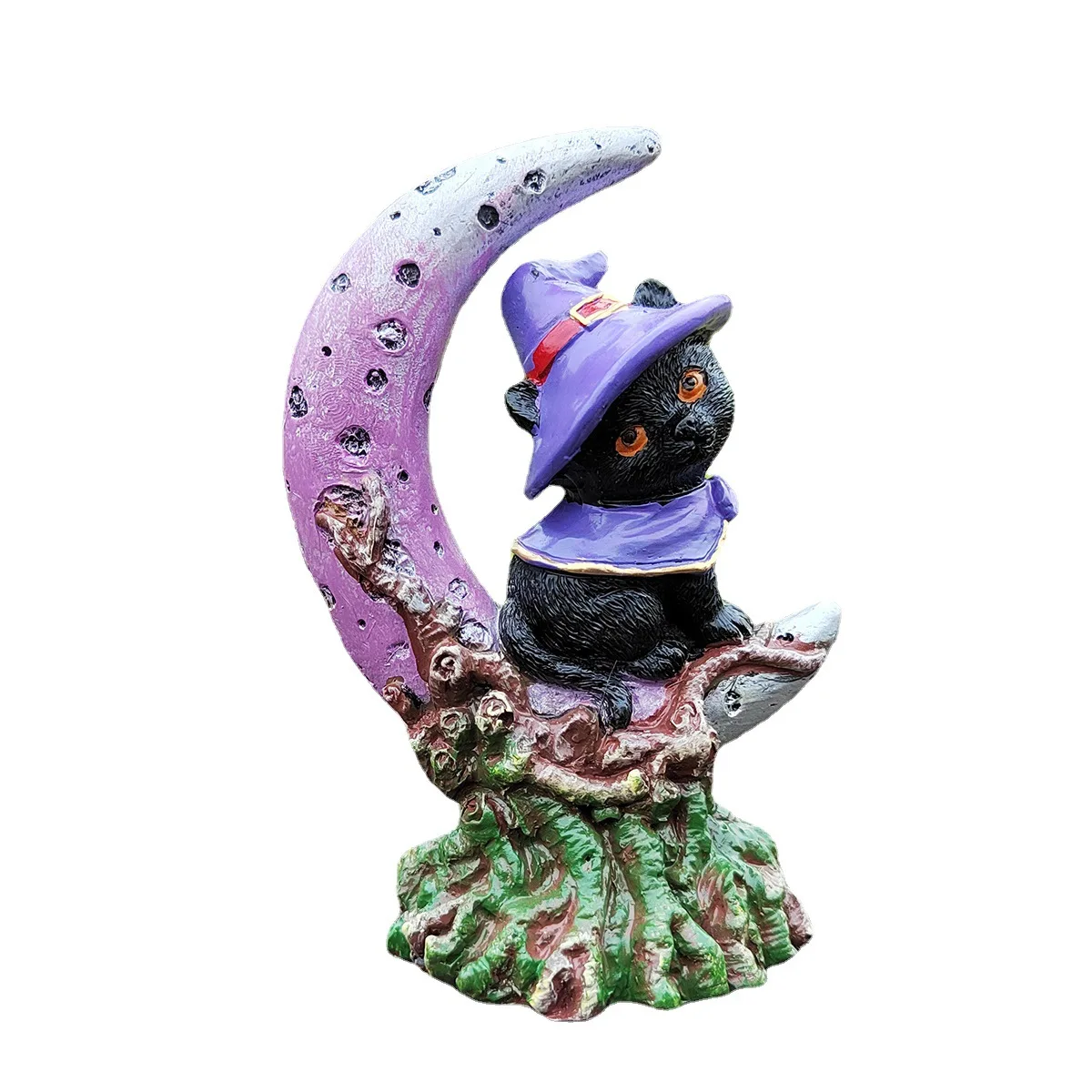Spooky Black Cat with Witch Hat Statue Crescent Moon Figurines Cute Broom Cat Halloween Ornaments Home Garden Decor Accessories