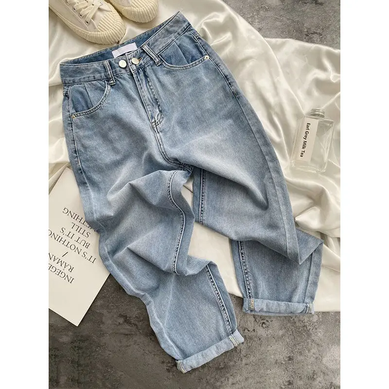 Summer Thin Super Soft Glutinous Light Loose Slim Jeans High Waist Nine Piece Curled Straight Leg Pants Women's Korean Edition