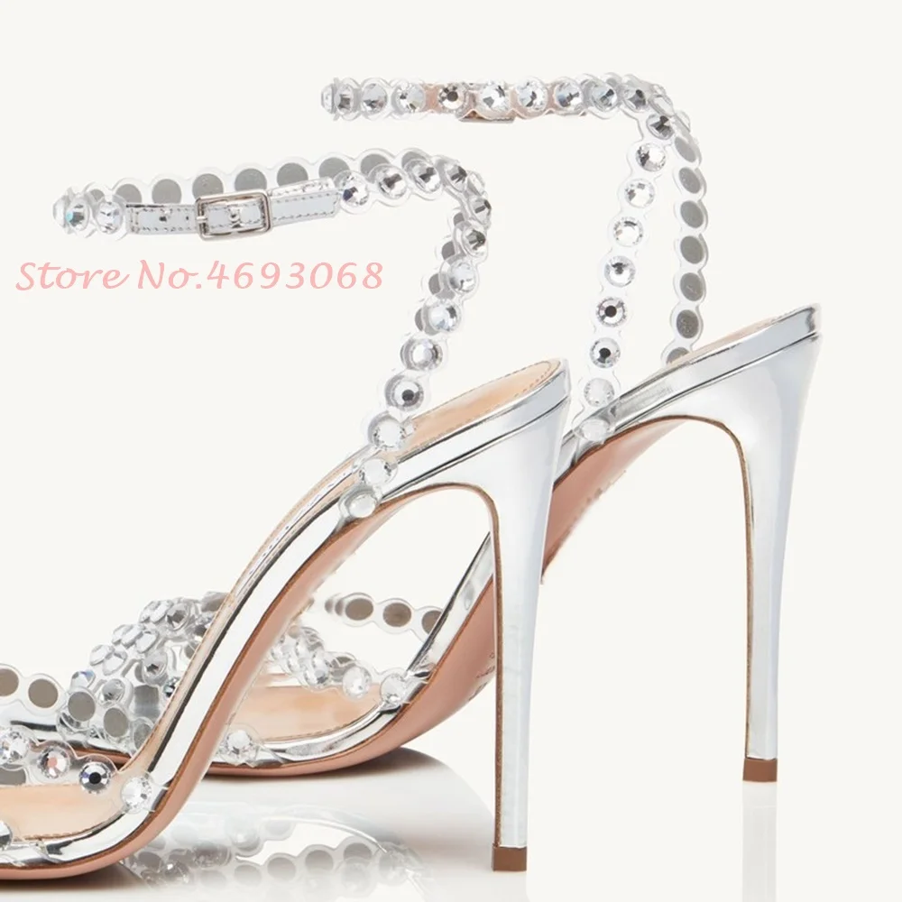 Silver Crystal Transparent Cross Sandals Women Buckle Strap Thin Heel Pumps Casual Party Peep Toe 2022 Women\'s Summer Sandals