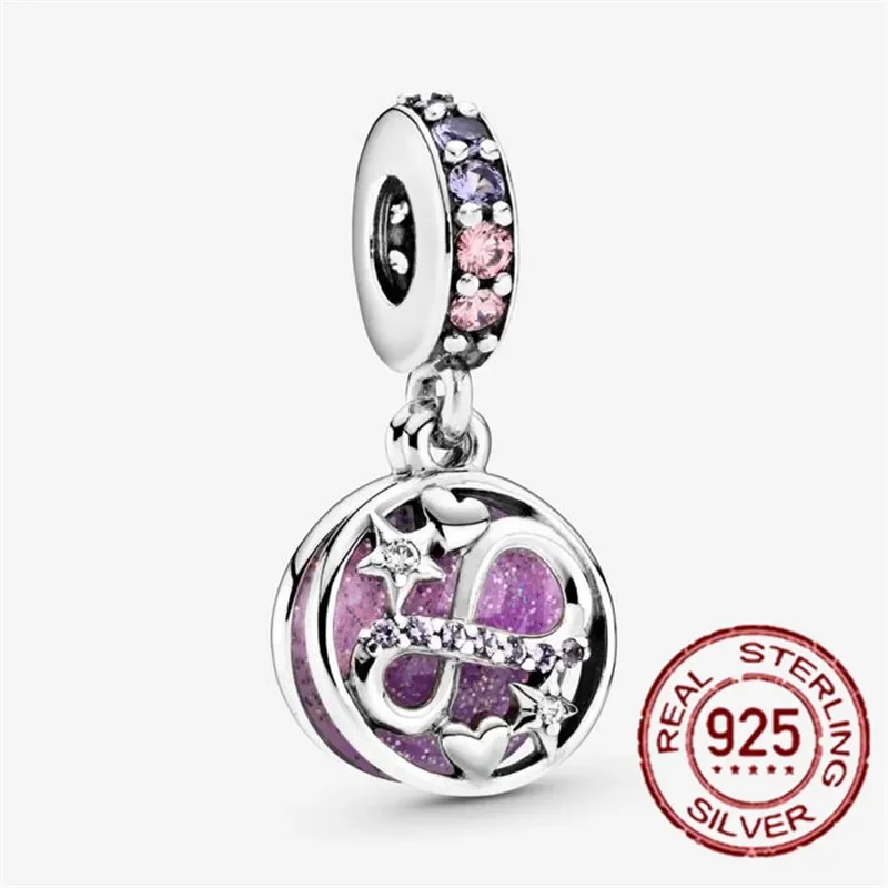 Abalorio compatible con pulsera Pandora Original serie púrpura, joyería de plata de ley 925, flor, corazón redondo, colgante, regalo DIY para mujer