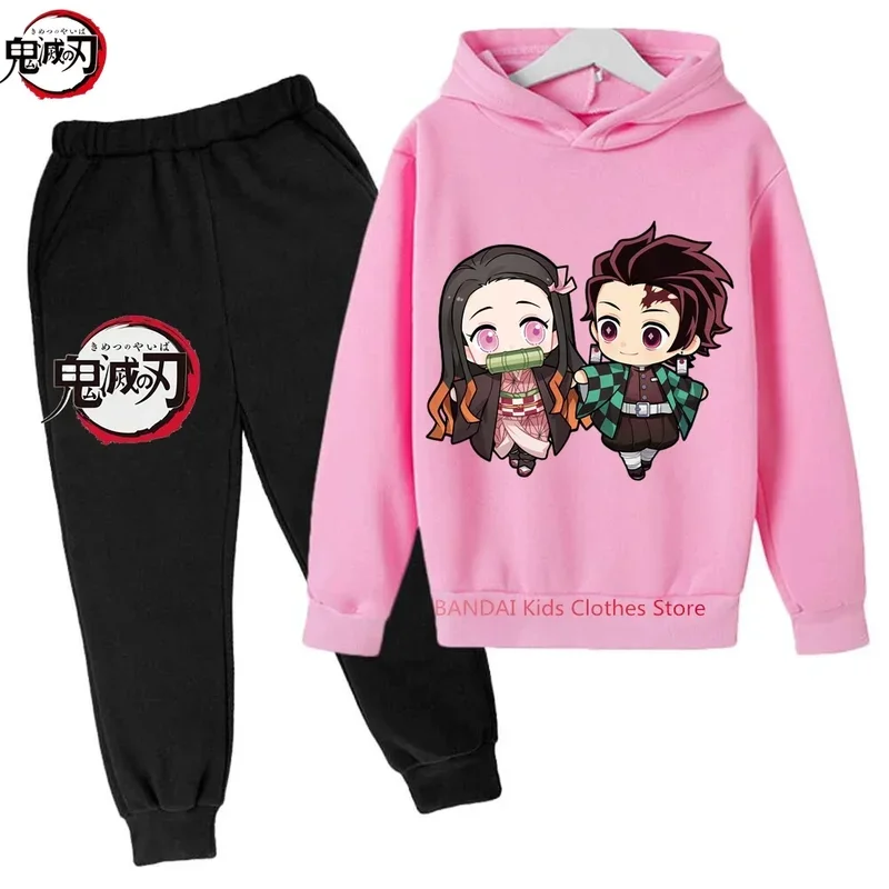 2-13 Jaar Oude Kinderen Demon Slayer Hoodies Sets Kinderen Herfst En Lente Lange Mouw Sweatshirts Broek 2 Stuks Kostuum Outfits