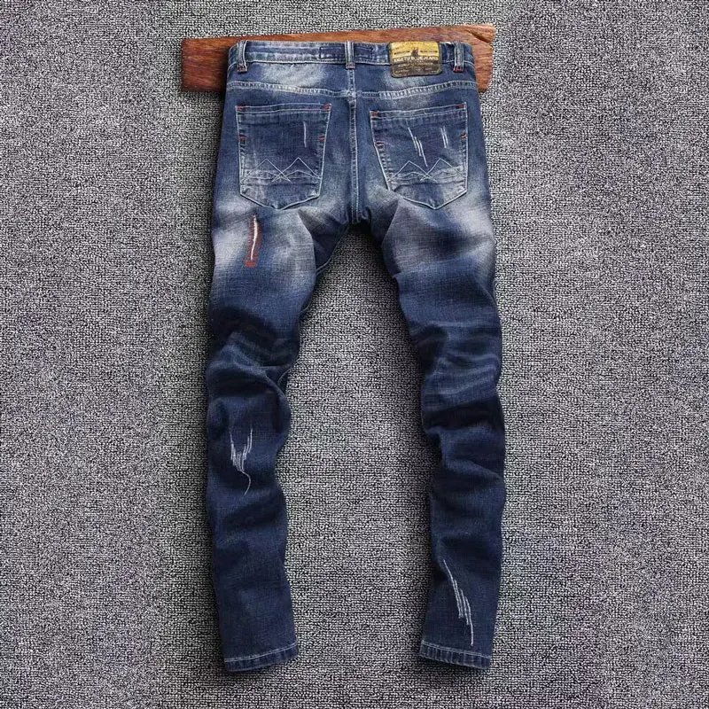 y2k Streetwear Men Jeans Retro Blue Stretch Slim Fit Frayed Ripped Jeans Men Embroidery Designer Vintage Denim Pants Hombre