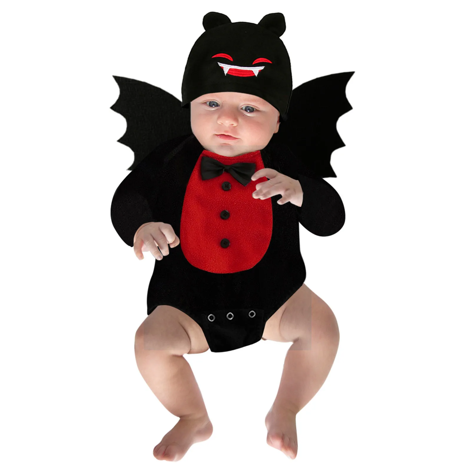 Umorden Kleinkind Baby Jungen Mädchen Halloween Fledermaus Kostüm Strampler Body Flügel Hut 3-teiliges Set Fleece 2 Farben Teufel Vampir