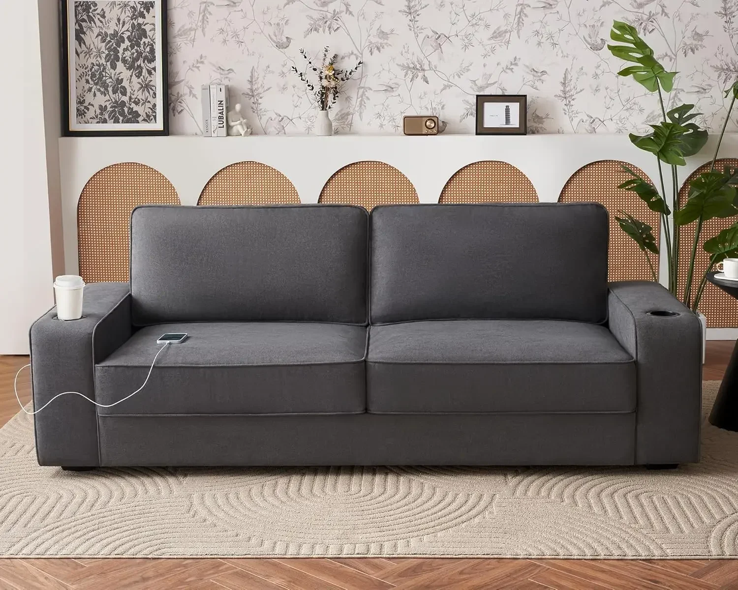 VanAcc Sofa, 89in Modern Couch with Cup Holders & USB Charging Ports, Deep Seat Sofa Couch (Charcoal Grey Chenille)