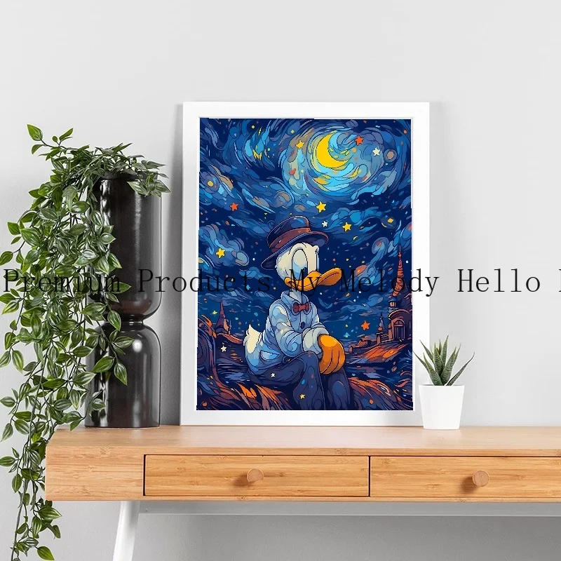 

Vintage Cartoon Disney Van Gogh Donald Duck Canvas Painting Posters and Prints Wall Art Pictures for Living Room Home Decor Gift