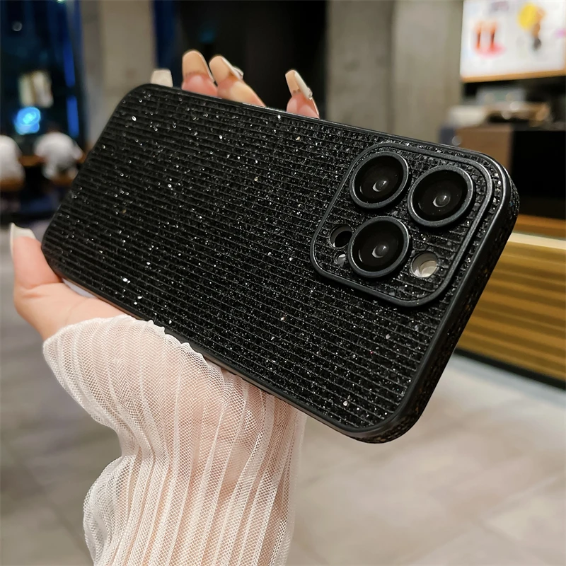 Parlak Glitter elmas taklidi telefon kılıfı için iPhone 11 12 13 14 15 Pro Max kamera Lens cam koruma darbeye arka kapak