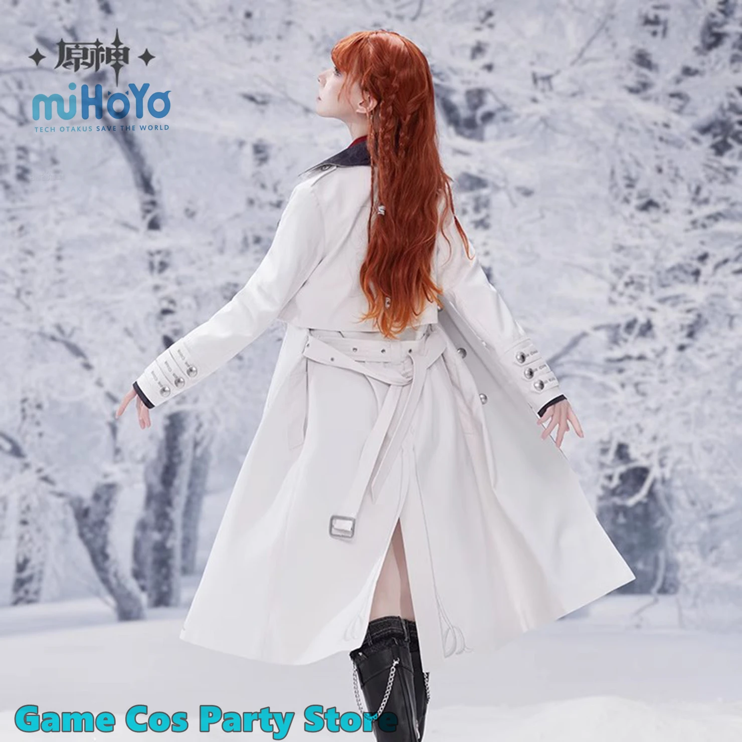 [حقيقية] Genshin تأثير Fatui Harbingers الصقيع واللهب معطف طويل أنيمي لعبة تأثيري ازياء المرأة ملابس خارجية بروش قلادة