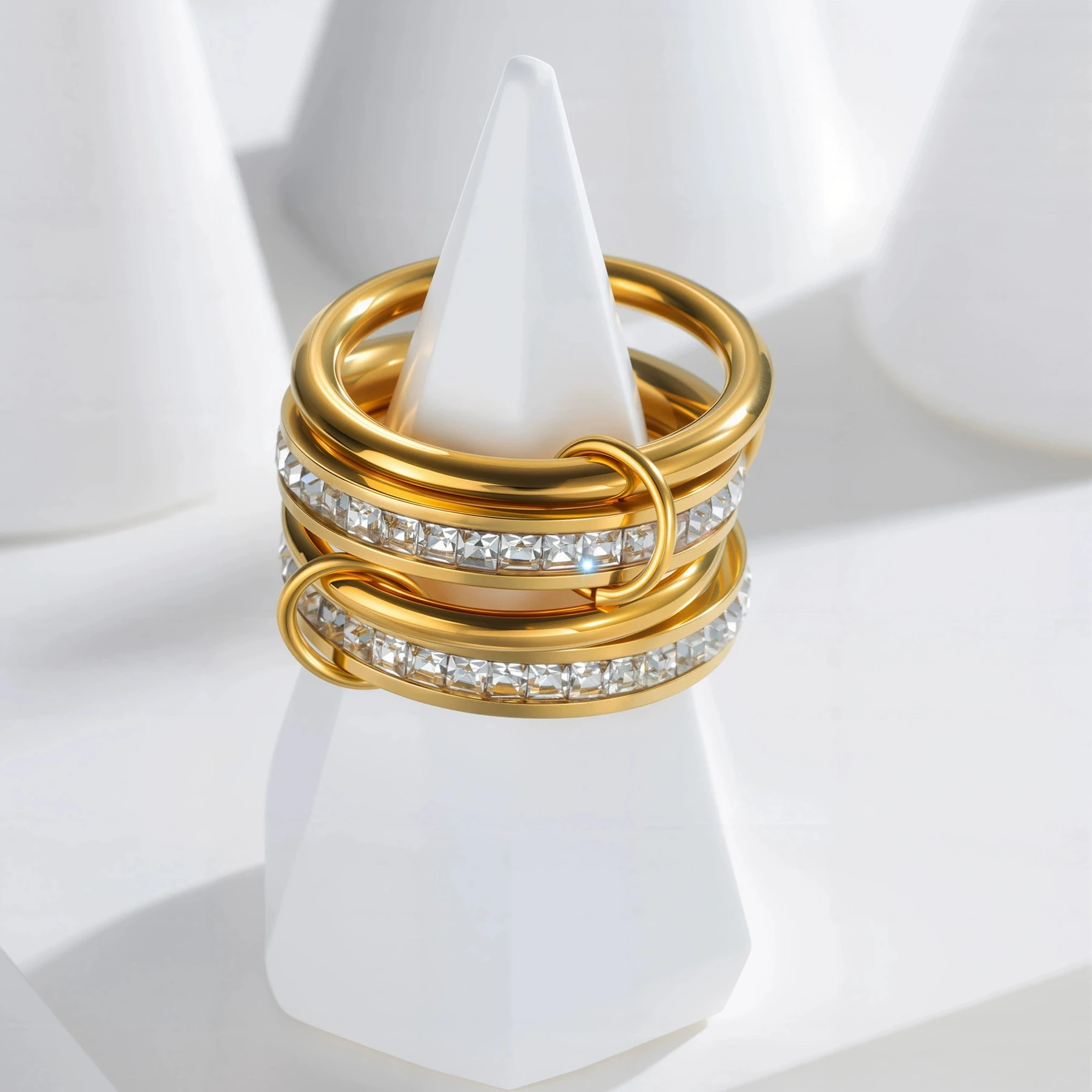 4pcs/set Stacking Stainless Steel Round Thin Rings For Women Men Gold Silver Color White Rhinestone Wedding Bands Party Jewelry