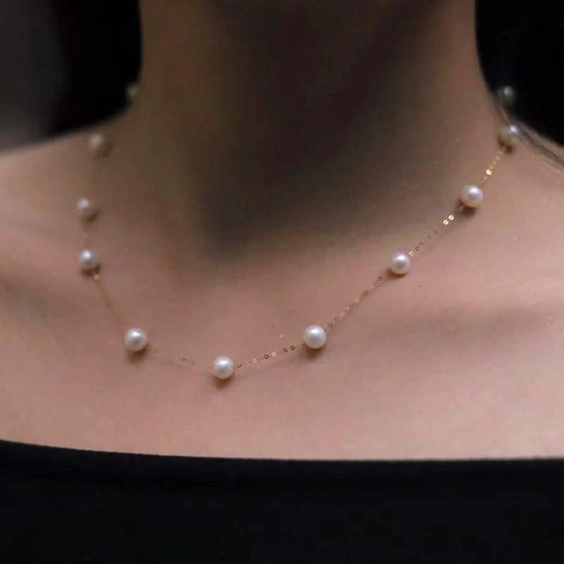 

XF800 Real 18K Gold Natural Pearl Necklace Au750 Fine Jewelry Round Aniversary Gift For Women White X628