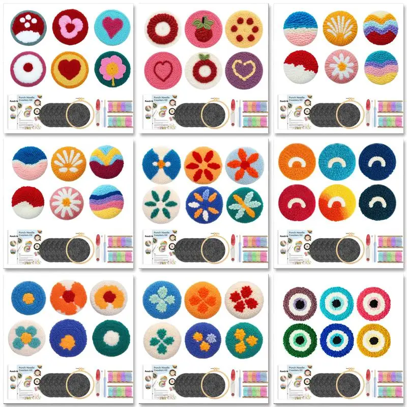 

6pcs Cup Pads Flower Pattern Punch Needle Coaster Kit For Beginners Diy Cup Mat Punch Needle Embroidery Sewing Set New Year Gift